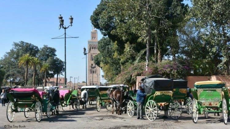 Side street leading to the Main Mosque, horse carts. Avoid scams in Marrakech