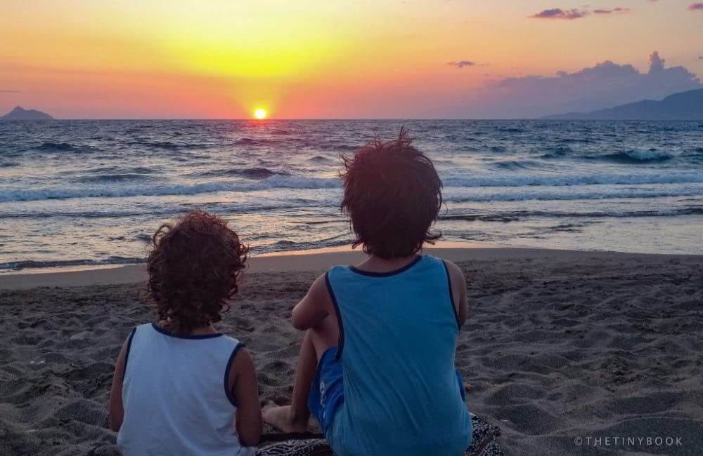 kids, sea, sunset