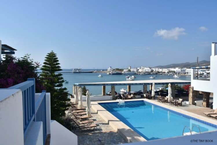 Kouros village in Antiparos island, Greece, view form the balcony, swiming pool and Antiparos village.