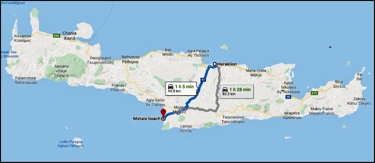 Map Heraklion - Matala, Crete.