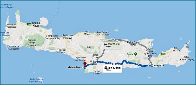 Map Ierapetra-Matala Crete island