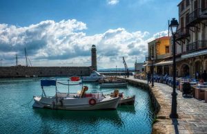 Old port, boat, lighthouse, Crete