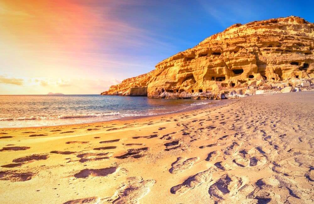 Matala beach, Crete, Caves, Sunset